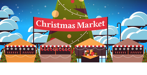 christmas market or holiday outdoor fair with decorated fir tree merry xmas new year winter holidays celebration concept landscape background horizontal vector illustration