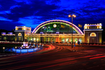 Bangkok Train Station or Hualumphong Train Station with lighting decorations to celebrate 100 years anniversary during twilight, Thailand