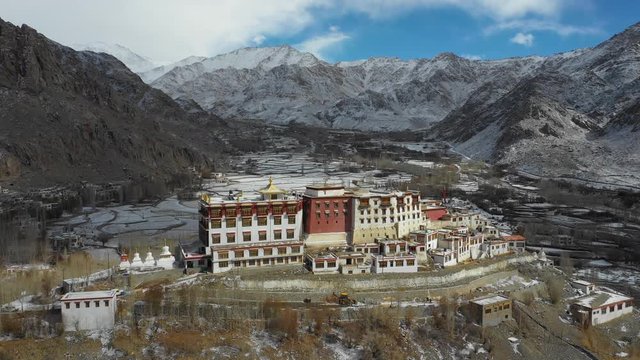 Aerial view of Phyang Monastery on a winter day. It belongs to the Drikung Kagyu school of Tibetan Buddhism. Location: Indus Valley in Ladakh next to the Srinagar - Leh highway at 3.550 m altitude.