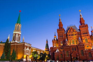 Red Square,  stunning view of State historical museum and Kremlin Palace during blue twilight time in evening, Moscow, Russia