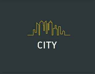 Fototapeta premium Creative abstract linear yellow logo line in the form of a city silhouette with skyscrapers for your business company