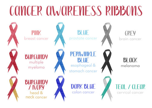 Watercolor awareness ribbons. Different color set of cancer ribbon, isolated on white background. 
