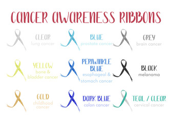 Watercolor awareness ribbons. Different color set of cancer ribbon, isolated on white background. 
