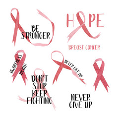 Watercolor set with pink awareness ribbons. Breast cancer ribbon, isolated on white background