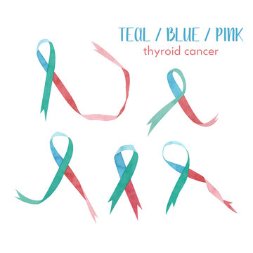 Watercolor set with teal-blue-pink awareness ribbons. Thyroid cancer ribbon, on white background. 