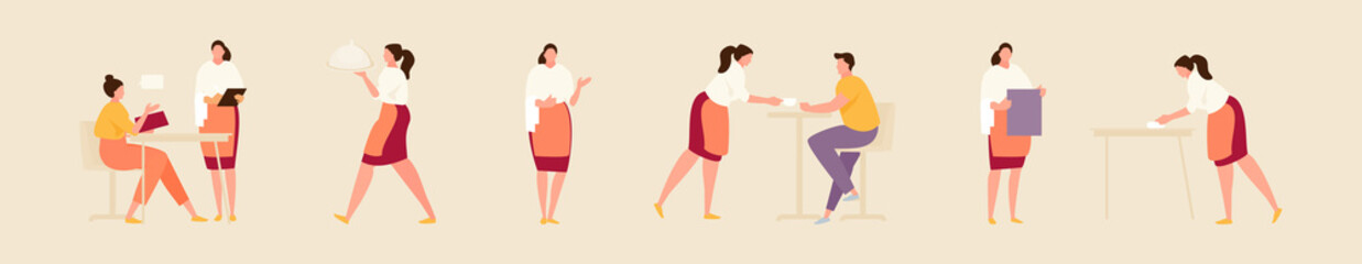 Waitress in various working situations. Vector modern illustration