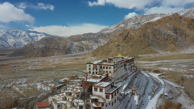 Aerial view of Phyang Monastery on a winter day. It belongs to the Drikung Kagyu school of Tibetan Buddhism. Location: Indus Valley in Ladakh next to the Srinagar - Leh highway at 3.550 m altitude.