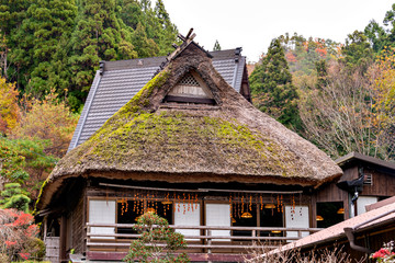 Fototapeta na wymiar Traditional Japanese house with thatched leaf