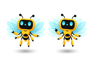 Cute bee robot ai character in present and pointing pose