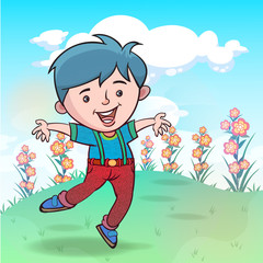 Little children play happily in the flower garden.hand drawn style vector design illustrations.