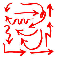 Set of hand drawn Red Arrow Lines . isolated on white background. Vector Illustration.