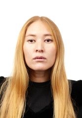 Portrait of a blonde in black clothes on a white background.