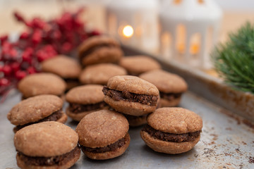 Hazelnut shortbread sandwiches filled with chocolate cream