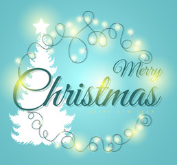 Christmas greeting. Pine tree with light bulb background. Vector illustration