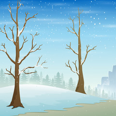 Holiday winter landscape with falling snow and naked trees
