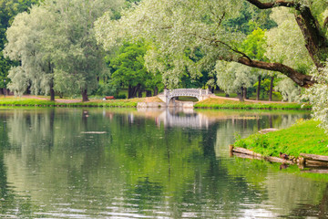 Fototapeta na wymiar Lake with old bridge in a park in Gatchina, Russia