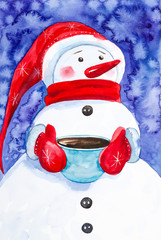 A cheerful snowman in a red scarf and a red cap holds a Cup of delicious coffee in the Christmas forest. New year holiday watercolor illustration
