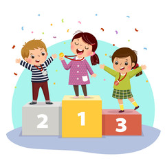 Obraz premium Vector illustration of three kids with medals standing on winners pedestal.