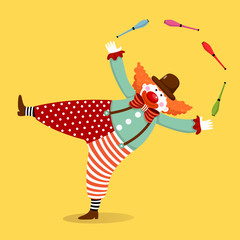 Vector illustration cartoon of a cute clown juggling with clubs.