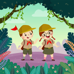 Cute scout boy and scout girl hiking in the forest. Children have summer outdoor adventure.