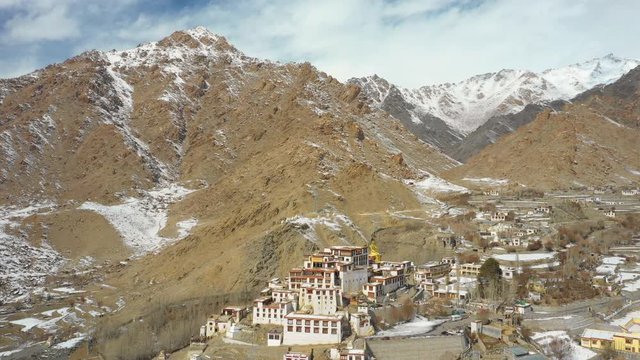 Aerial view of Likir Monastery on a winter day. Founded in the 14th century and according to Buddhist mythology it was the first construction by Tibetan monks. Indus Valley in Ladakh