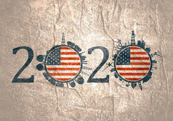 Circle with industry and sea shipping silhouettes. Objects located around the circle. Industrial design background. 2020 year number. Flag of the USA