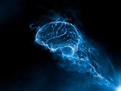 Mix Media 3D Render - Brain blue fire smoke effect on the black background