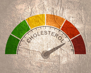 Cholesterol meter read high level result. Color scale with arrow from red to green. The measuring device icon. illustration in flat style. Colorful infographic gauge element