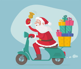 Happy Santa is riding motor bike with gifts. Santa is ringing a bell. Vector colorful illustration.