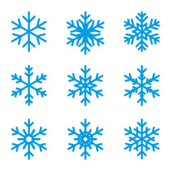 Set of flat snowflakes on white background. Flat snow icons, silhouette. Decorative set of elements of various winter snowflakes. For greeting New Year and Christmas cards, banners, invitations
