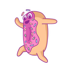 Cartoon happy smiling donut character with pink glaze jumps fun. For stickers, greeting cards, party invitations, posters, prints and books