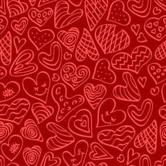 Cute hand drawn seamless pattern with heart shapes. Outline doodle elements on red background. Vector illustration.