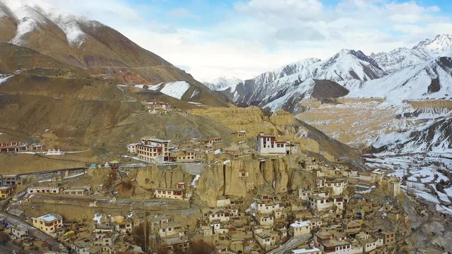 Aerial view of Lamayuru Gompa (monastery) in winter. It belongs to the Drikung Kagyu school of Tibetan Buddhism. Lamyauru is located in Ladakh on the Srinagar - Leh highway in an altitude of 3.510 m.