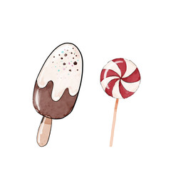 Watercolor sketch,illustration with red candy and chocolate ice cream on a stick coated with white icing. Objects isolated.