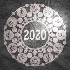 New Year and Christmas celebration card template. Zodiac circle with 2020 new year number.