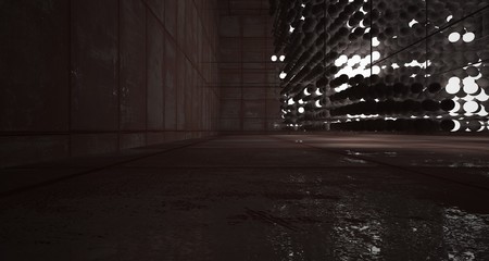 Abstract architectural concrete  and rusted metal interior from an array of spheres with neon lighting. 3D illustration and rendering.