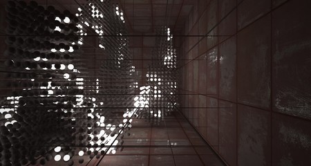Abstract architectural concrete  and rusted metal interior from an array of spheres with neon lighting. 3D illustration and rendering.