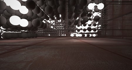 Abstract architectural concrete  and rusted metal interior from an array of spheres with neon lighting. 3D illustration and rendering.