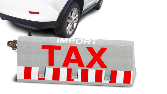 red tax import lettering on concrete road barrier linked to modern car by metal chain isolated on white background. Closeup view of vehicle and road block. Mixed media. Export import tax tariffs theme