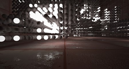 Abstract architectural concrete  and rusted metal interior from an array of spheres with neon lighting. 3D illustration and rendering.