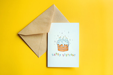 Hand drawn birthday card on yellow background   