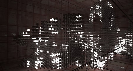Abstract architectural concrete  and rusted metal interior from an array of spheres with neon lighting. 3D illustration and rendering.