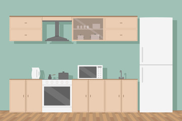 Kitchen furniture. Fridge, oven and cooker hood. Vector illustration.