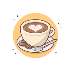 Morning A Cup of Coffee with Spoon and Love Sign Vector Illustration. Cafe Menu Restaurant. Coffee Shop logo. Flat Cartoon Style Suitable for Web Landing Page, Banner, Flyer, Sticker, Card, Background