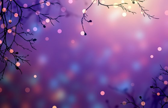Lights garland on branches. Empty glare purple background. Magic forest. Festive natural backdrop. Golden bokeh on tree. Christmas decoration. New Year trend.