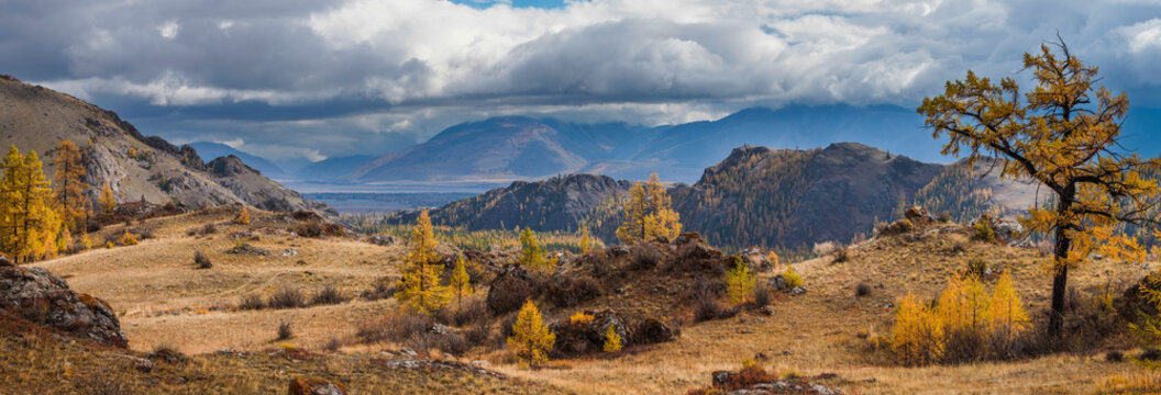 Panoramic autumn view. Mountain landscape. Gloomy sky and light in the background.