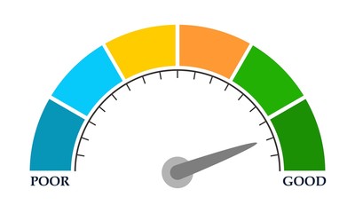 Color scale with arrow from blue to green. The measuring device icon. Sign tachometer, speedometer, indicators. Illustration in flat style. Colorful infographic gauge element