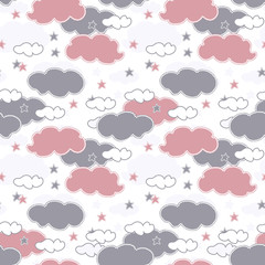 Cute Baby vector seamless pattern. Cartoon gray and white clouds and stars on white background. Sweet Template for desing, textile, wallpaper, wrapping, cover.