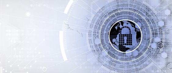 internet digital security technology concept for business background. Lock on circuit board