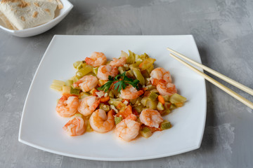 diet food: boiled vegetables with shrimp.